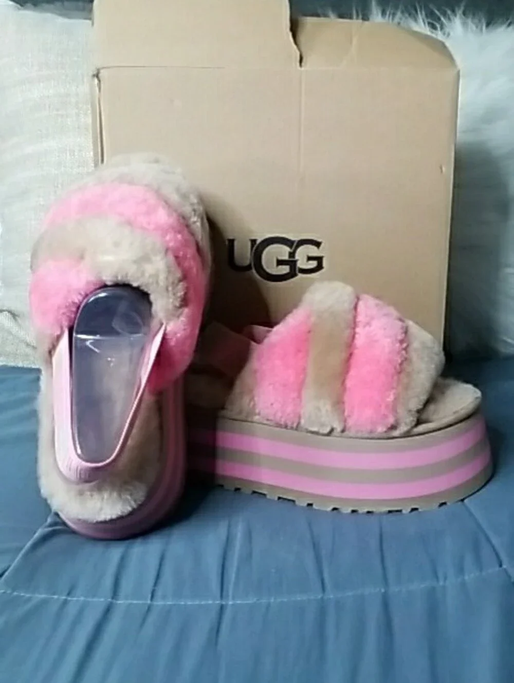 UGG Pink and Beige Fuzzy Platform Slides